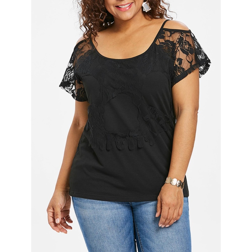 Lace Panel Open Shoulder Plus Size Tee - Black